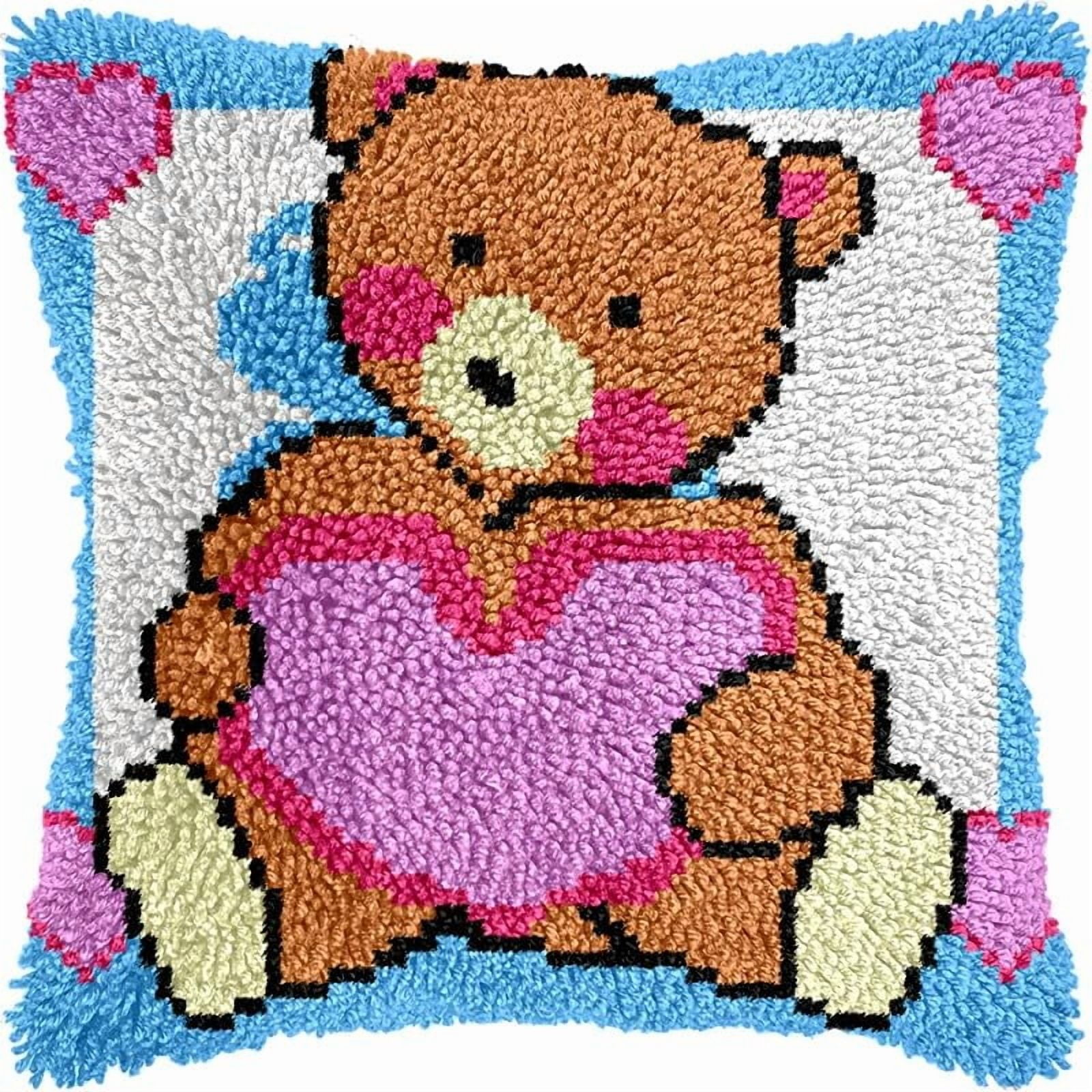 Love Bear Latch Hook Pillow Kits Pillow Cover Pattern Printed Canvas Crochet Knitted Hooking Pillowcase Cushion Crafts Embroidery Latch Hooking Crochet Kits Set 17x17 inch(98)