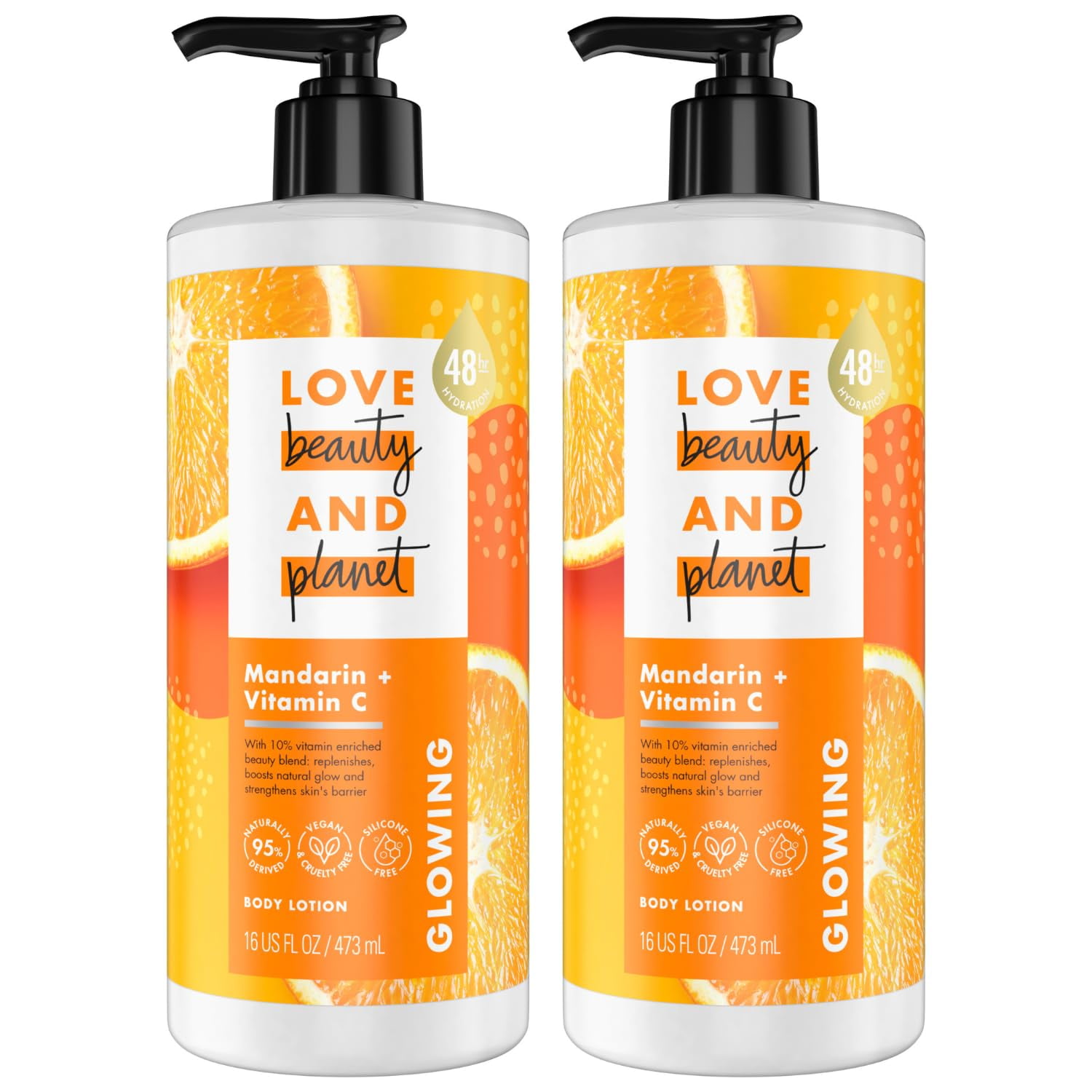 Love Beauty And Planet Lotion - Moisturizing Mandarin + Vitamin C Lotion, Natural Body Lotion for Women, Dry Skin Lotion Scented with Mandarin Orange, 16 Fl Oz Pack of 2