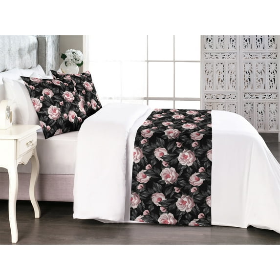 Love Bed Runner Set, Garden of Roses Symbol for Lovers Affection Realistic Design of Art, Decorative Bedding Scarf & 2 Pillow Shams for Hotels Homes, King, Pale Rose and Charcoal Grey, by Ambesonne