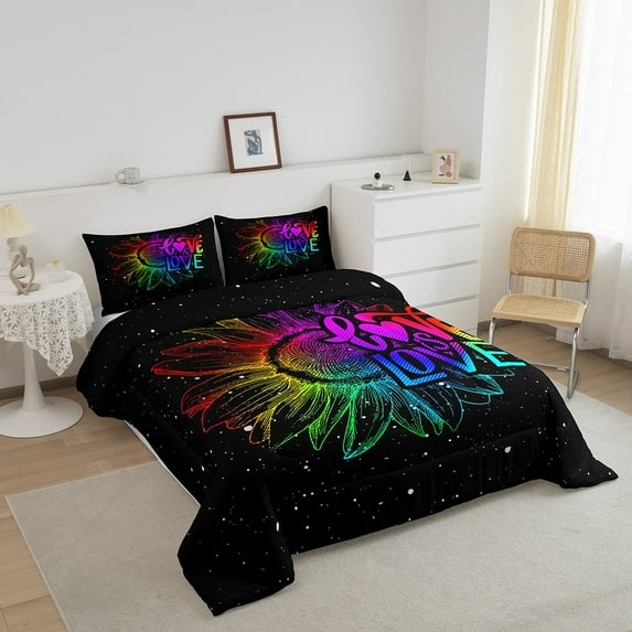 Love Bedding Women Rainbow Sunflower Decor Comforter Set, Watercolor Tie Dye King Bed Comforter Set Galaxy Stars Down Comforter Bedroom Decor, 1 Comforter 2 Pillowcases
