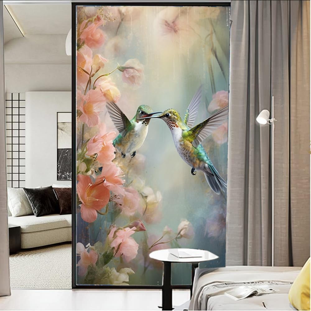 Love Bird Stained Glass Window Film Western Romance Flower Hummingbird Window Privacy Film Non