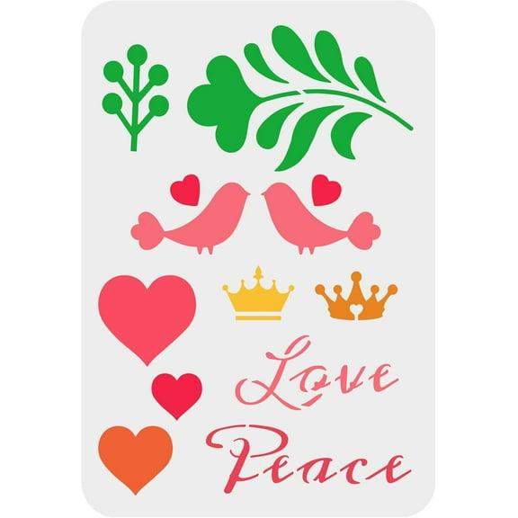 Love Bird Stencil 11.7x8.3 inch Large Birds Crowns Craft Stencil Plastic PET Leaves Heart Love Drawing Stencils with Words of Love Peace Valentine's