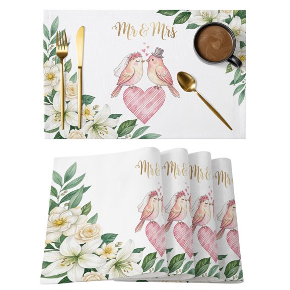 Love Birds Cotton Linen Placemats Set of 1, Mr Mrs Wedding Love Cute Flowers Washable Table Place Mats Heat Insulating Placemat for Dining Room Kitchen Daily Use 13 x 19 Inch
