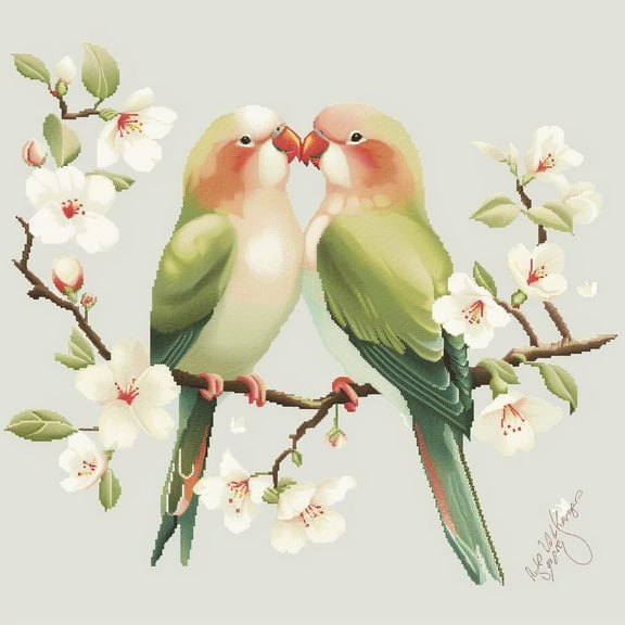 Love Birds Couplr on Flower Branch DIY 11CT Stamped Cross Stitch Kits for Beginners Easy Needlepoint Embroidery Counted Cross Stitch Art Craft for Wall Decoration 14x14inch(8)