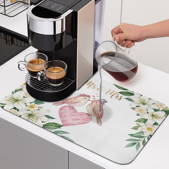 Love Birds Dish Drying Mats for Kitchen Counter, Mr Mrs Wedding Love Cute Flowers Absorbent Coffee Bar Mat with Non-slip Rubber Backed Quick Drying Dish Rack Pad 16"x24"