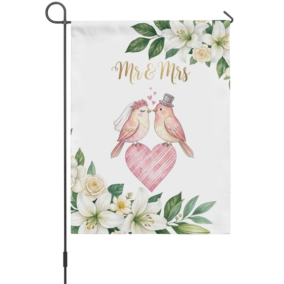 Love Birds Garden Flag 12 x 18 Inches, Mr Mrs Wedding Love Cute Flowers Weather Proof Outdoor Patio Flags Double Sided Small Garden Decoration for Yard Outside Home