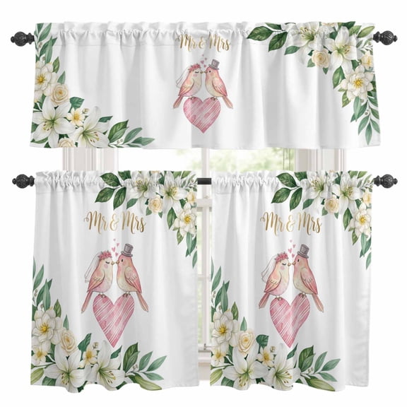 Love Birds Kitchen Curtains Set for Windows, Mr Mrs Wedding Love Cute Flowers Curtains Valance and Tier 3 Piece Set Small Drapes 24 Inch Length for Kitchen Bedroom Decor