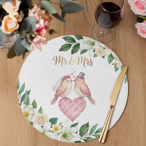 Love Birds Round Braided Placemats Set of 1, Mr Mrs Wedding Love Cute Flowers Heat Insulation Place Mats Washable Non-Slip Table Mats for Kitchen Dining Party, 13 Inches