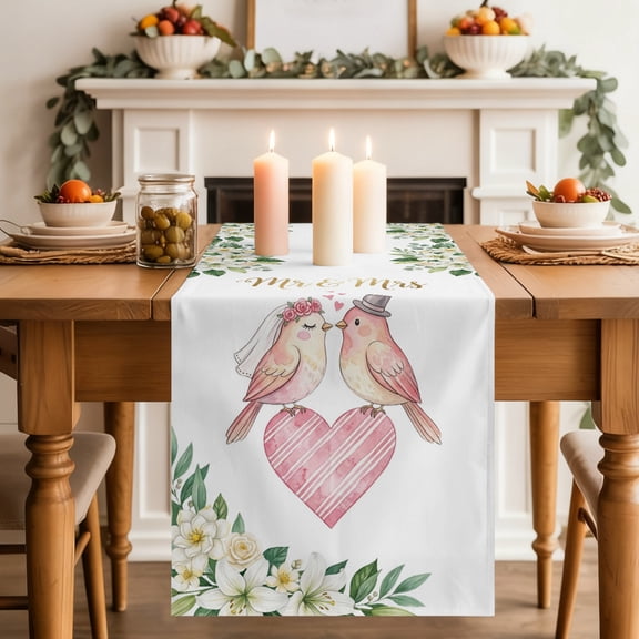 Love Birds Table Runner 13x48 Inch Mr Mrs Wedding Love Cute Flowers Cotton Linen Dining Table Runner Ideal for Dresser Kitchen Coffee Tables - Machine Washable