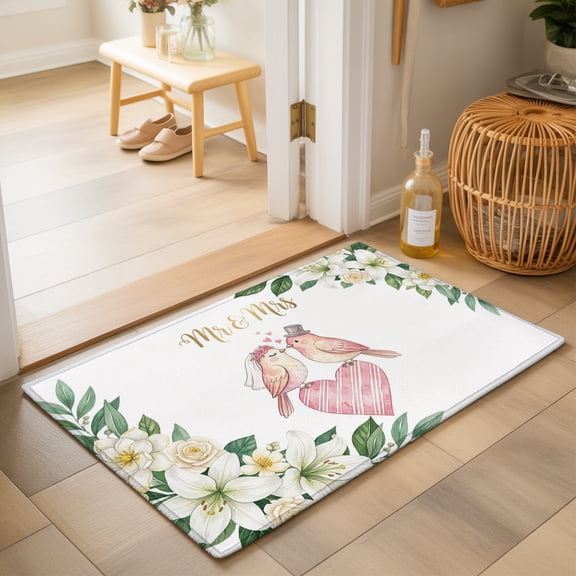 Love Birds Washable Small Entryway Area Rugs 2'x3', Mr Mrs Wedding Love Cute Flowers Washable Throw Rug Non-Slip Sturdy Edge Binding Carpet for Front Door Floor Room Entry
