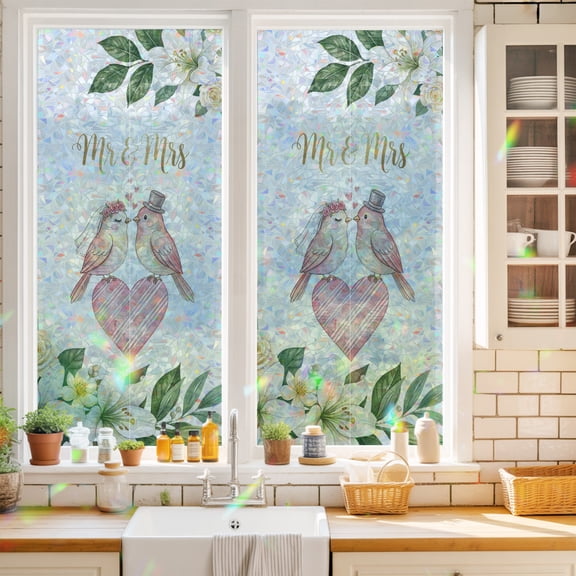 Love Birds Window Privacy Film Mr Mrs Wedding Love Cute Flowers Static Cling Stained Glass Window Film Non-Adhesive Decorative Decals Rainbow Sticker 17.7"X39.3"
