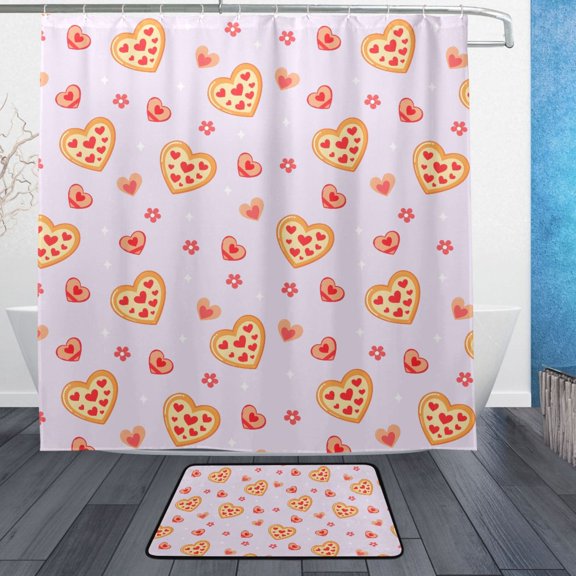 Love Biscuit Flower Pattern Bathroom Accessory Sets Waterproof Shower Curtain with Absorbent Non-Slip Rug