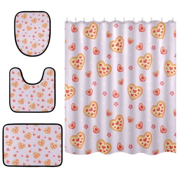 Love Biscuit Flower Pattern Shower Curtain Sets 4 Piece Waterproof Bathroom Set with Non Slip Mats 66x72in