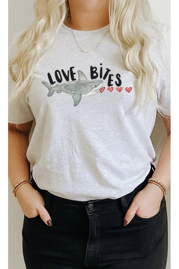 Love Bites Heart Eating Shark Graphic Tee T-Shirt