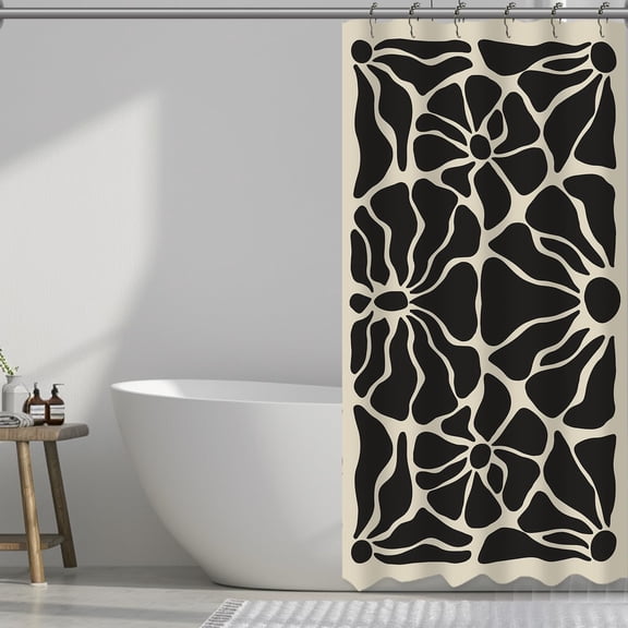 She Love Black Floral Mid Century Abstract Shower Curtain Vintage Boho Flower Black and Grey Art 70s Shower Curtain with Metal Hooks 36x72 Inch Waterproof Polyester Bathroom Curtain