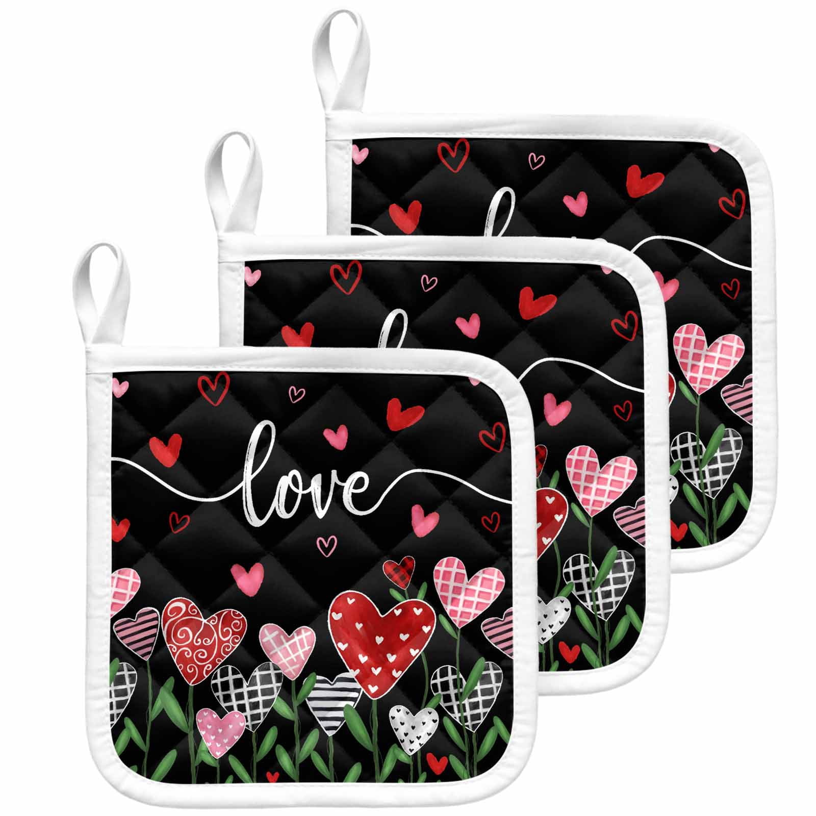 Love Black, Pot Holders for Kitchen Heatproof Potholder, 3 Pack Saint Valentine's Heart Boho Dot Plaid Stripe Hot Pads Multipurpose Oven Pads Cloth Potholders Trivet for Cooking Baking