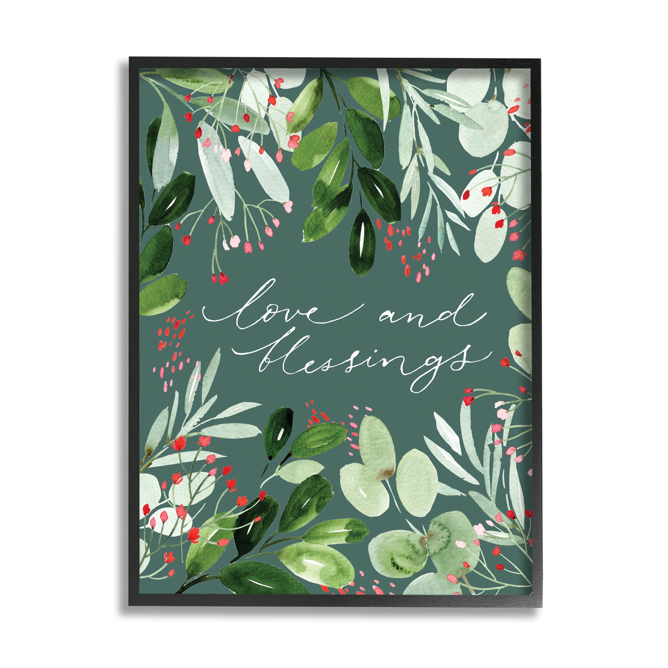 Love & Blessings Green Floral Leaves Holiday Graphic Art Black Framed Art Print Wall Art