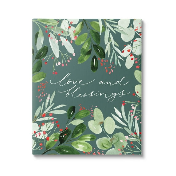 Love & Blessings Green Floral Leaves Holiday Graphic Art Gallery Wrapped Canvas Print Wall Art