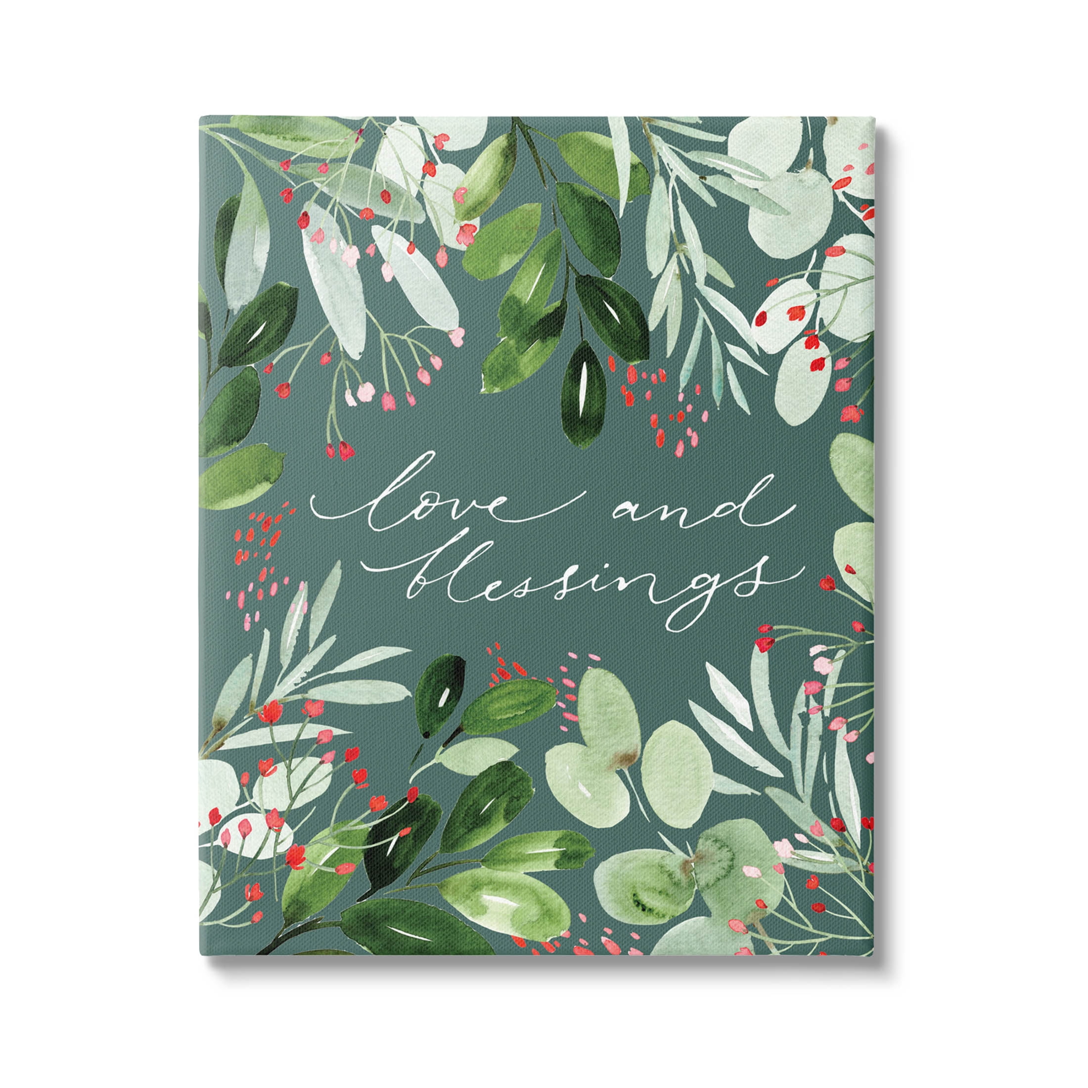 Love & Blessings Green Floral Leaves Holiday Graphic Art Gallery Wrapped Canvas Print Wall Art