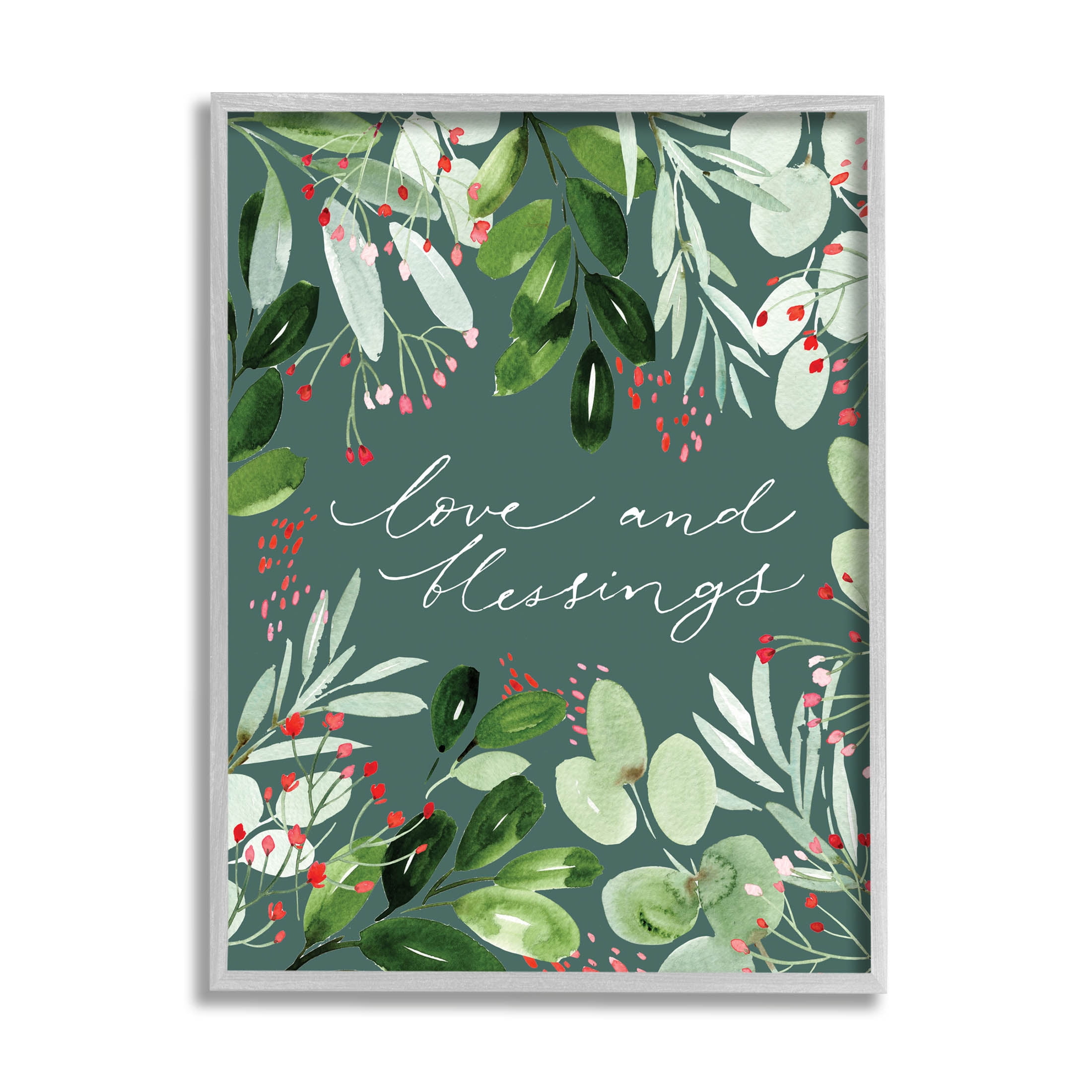Love & Blessings Green Floral Leaves Holiday Graphic Art Gray Framed Art Print Wall Art