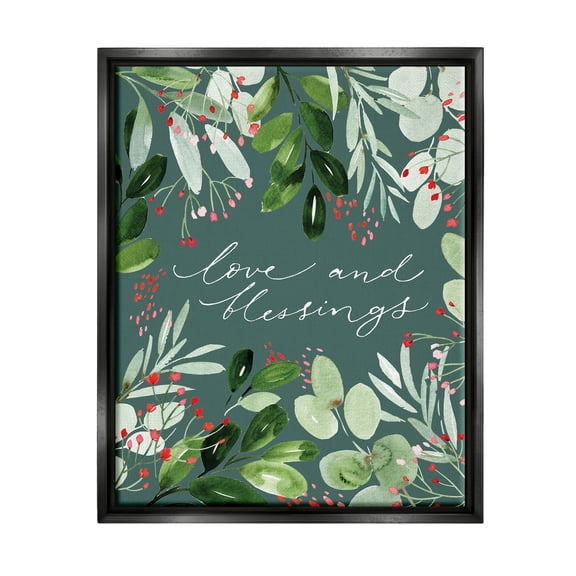 Love & Blessings Green Floral Leaves Holiday Graphic Art Jet Black Framed Art Print Wall Art