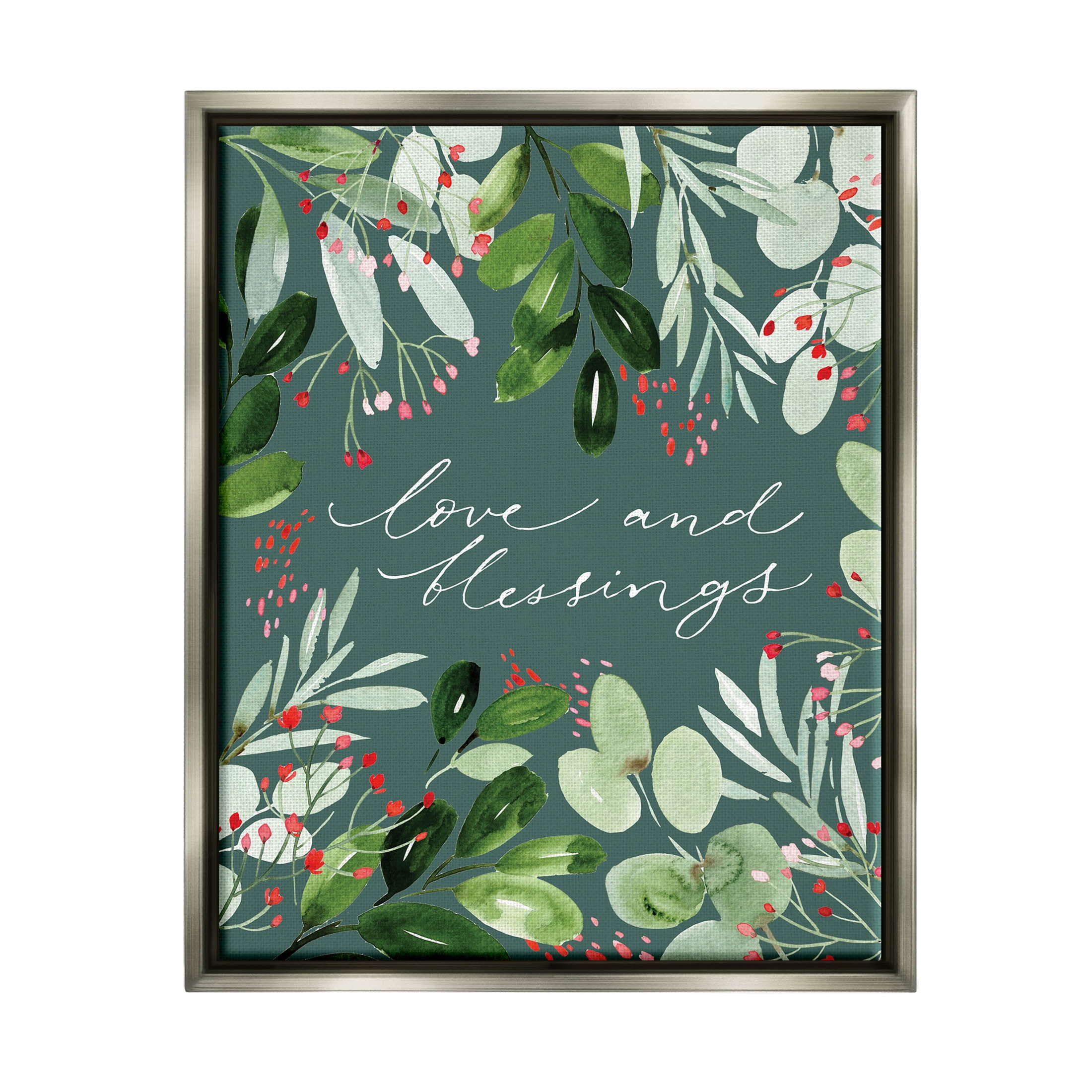 Love & Blessings Green Floral Leaves Holiday Graphic Art Luster Gray Framed Art Print Wall Art