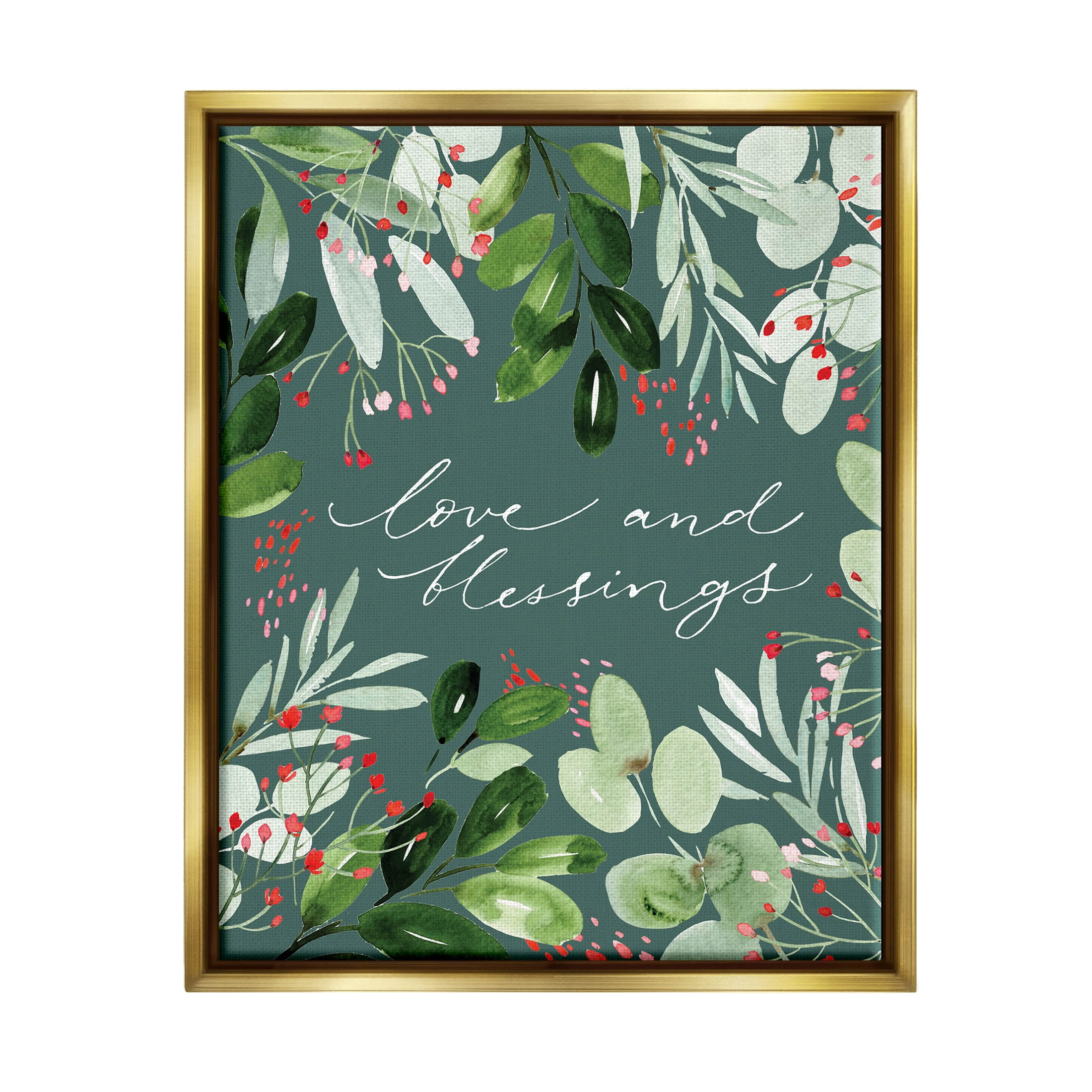 Love & Blessings Green Floral Leaves Holiday Graphic Art Metallic Gold Framed Art Print Wall Art