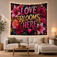 thumbnail image 1 of Love Blooms Here Floral Typography on Dark Navy Background, Whimsical Illustration for Flower Lovers, Romantic Wall Art Decor, Birthday Gift, Tapestry Wall Hanging for Bedroom and Living Room, 1 of 6