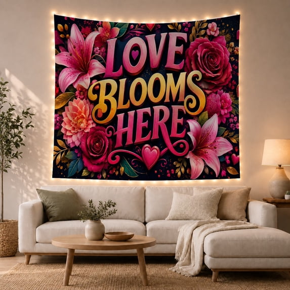 Love Blooms Here Floral Typography on Dark Navy Background, Whimsical Illustration for Flower Lovers, Romantic Wall Art Decor, Birthday Gift, Tapestry Wall Hanging for Bedroom and Living Room