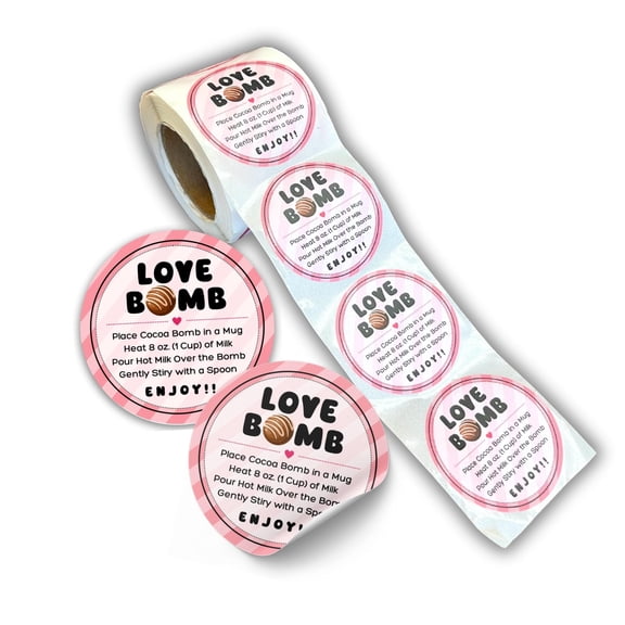 Love Bomb Stickers for Hot Cocoa Bomb Box 250 pc Roll Bulk Packaging 2 Label Tag Instructions Ingredients for Holiday Valentines Pink Background