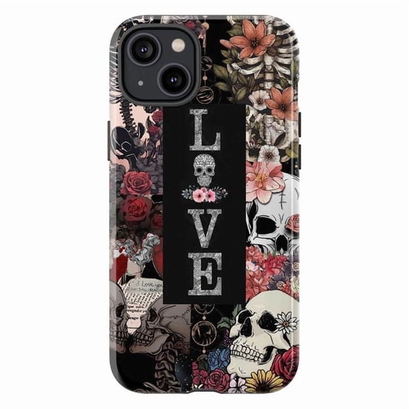 Love & Bones Floral Collage iPhone Case, Gothic Skeleton & Flower Power Halloween Design, Protective Cover for iPhone 16 15 14 13 12 11 Mini Pro Max