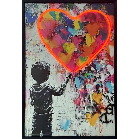 Love Boy Banksy Style Framed LED Neon Light Canvas Print - 24" x 36"
