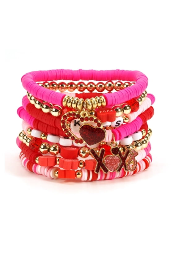 Love Bracelets for Women Heishi Surfer Pink Clay Bead Bracelet Set Love Heart Boho Cute Pink Red Stackable Stretch Jewelry Mother's Day Birthday Mom Mama Gifts