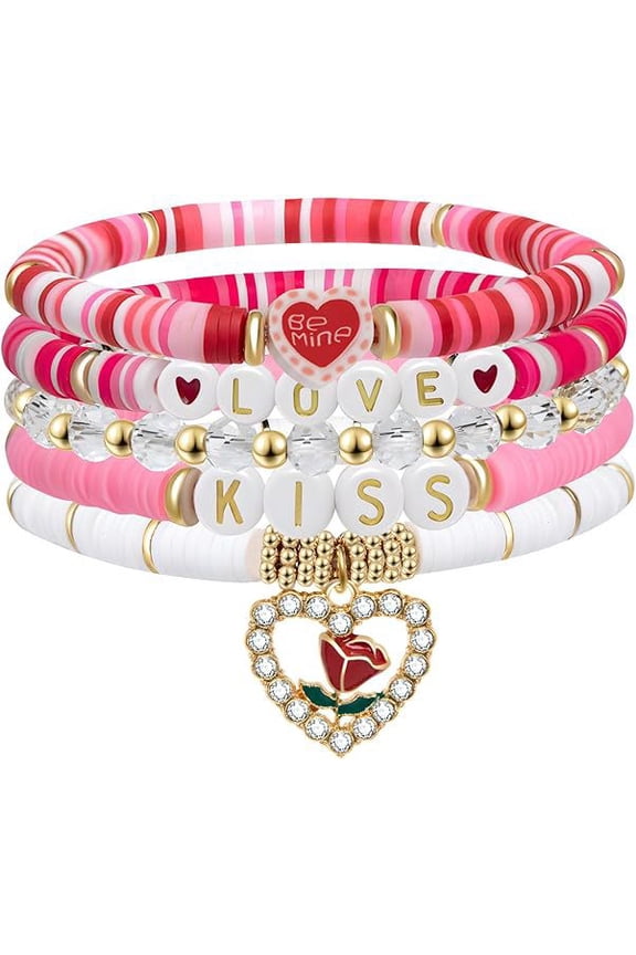 Love Bracelets for Women Pink Clay Bead Bracelet Set Love Heart Boho Cute Pink Red Stackable Stretch Jewelry Mother's Day Birthday Mom Mama Gifts