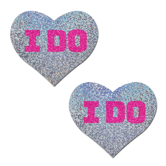 Love: Bridal Silver Glitter Hearts with Pink "I Do" Nipple Pasties by Pastease®
