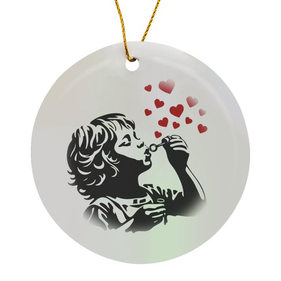 3drose, Love Bubbles Design- Image of a Child Blowing Love Heart Bubbles, Circle Porcelain Ornament