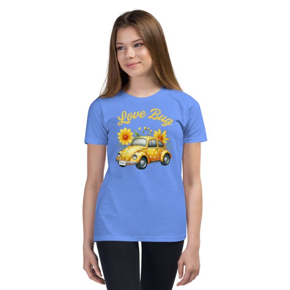 Love Bug Car Shirt for Girls – Cute & Trendy Vintage Car T-Shirt for Kids, Youth Short Sleeve T-Shirt (Heather Columbia Blue, S)