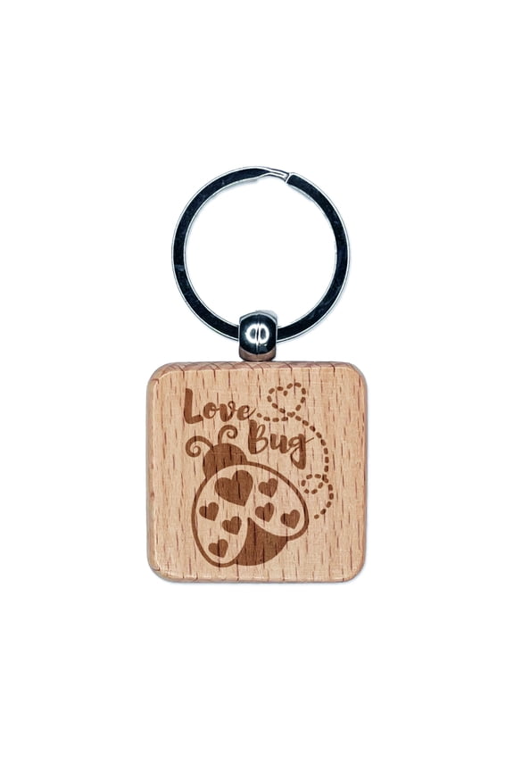 Love Bug Ladybug Lady Square Keychain Charm Tag - Engraved Wood