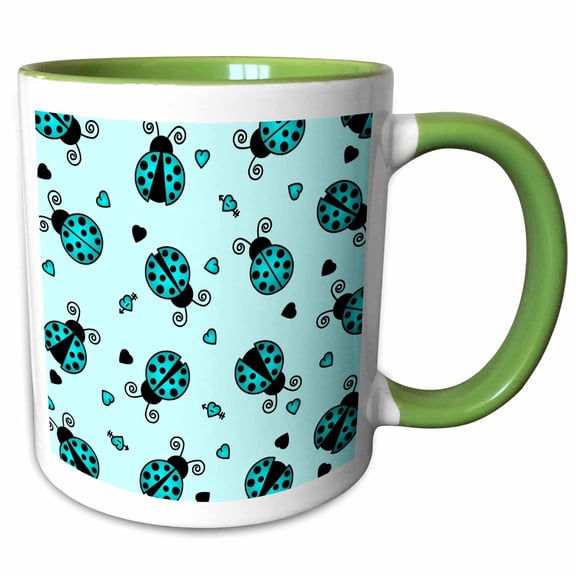 3drose, Love Bugs Blue Ladybug Print with Hearts, 11oz Two-tone Green Mug