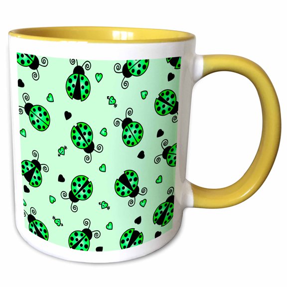 3drose, Love Bugs Green Ladybug Print with Hearts, 11oz Two-tone Yellow Mug