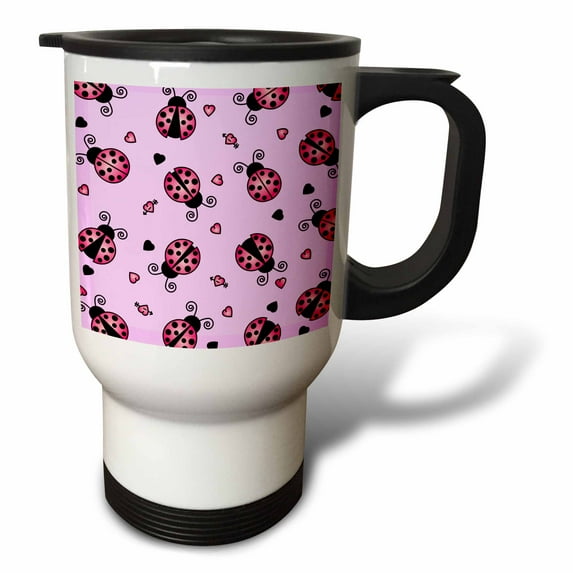 3dRose, Love Bugs Pink Ladybug Print with Hearts, 14oz Stainless Steel Travel Mug