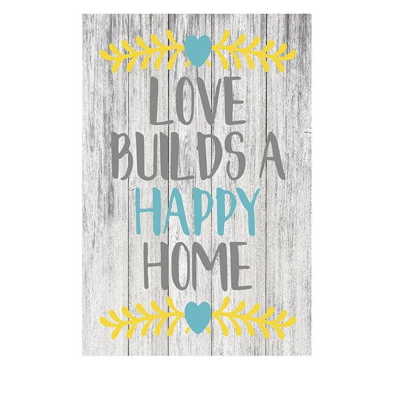 Love Builds A Happy Home Rustic Home Decor Metal Sign - Yellow and Blue - 12" x 8"