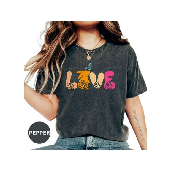 Love Bunny Floral Spring T-Shirt - Cute Rabbit Butterfly Easter Tee for Women