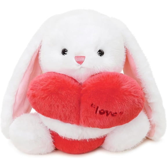 Love Bunny Plush with Holding Red Heart 9.8 inch Cute Rabbit Stuffed Animal Soft Plushies Toys Romantic Sweet Valentines Day Gifts for Girlfriend Cuddling Home Decor White