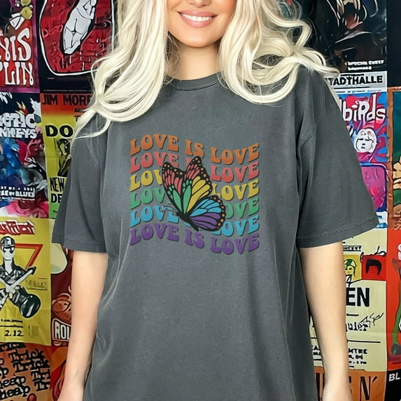 Love is Love Butterfly Gay Pride Shirt, Love is Love, Gay Pride month, Comfort Colors tee, LGTQB+ shirt, Equality Shirt, Social Justice (Colors:Flo Blue; Sizes:S;)