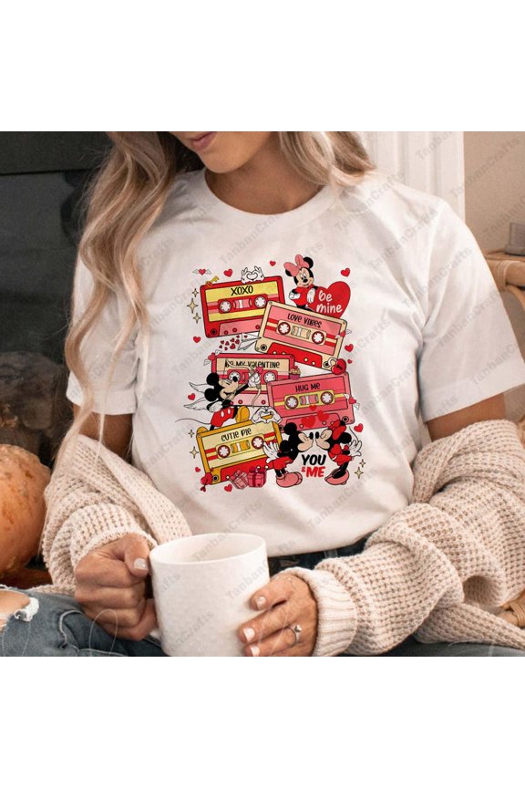 Love Cassette Tapes Shirt Pink Cartoon Mouse Couple Coquette Love Tee Soft WHITE S-5XL