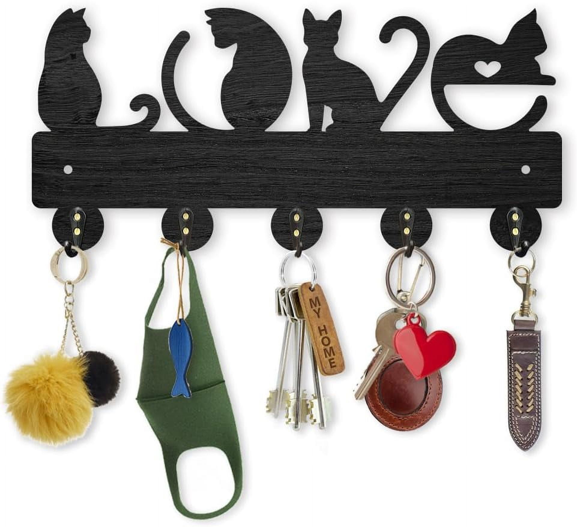 Love Cat Coat Rack Wall Mount Wooden Key Holder for Wall 11.8×5.4inch