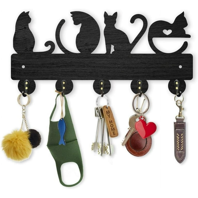 Love Cat Coat Rack Wall Mount Wooden Key Holder for Wall 11.8 5.4inch Black Cat Key Hooks 5 Alloy Hooks 4 Cats Animal Theme Wall Key Rack for Gift