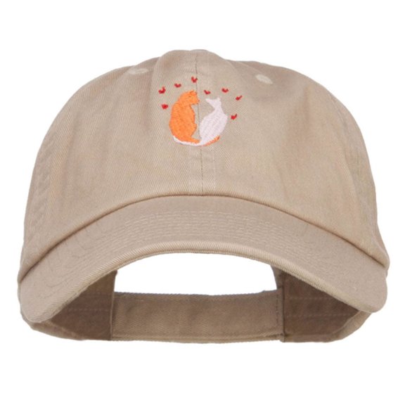 Love Cats Heart Embroidered Low Cap - Khaki OSFM