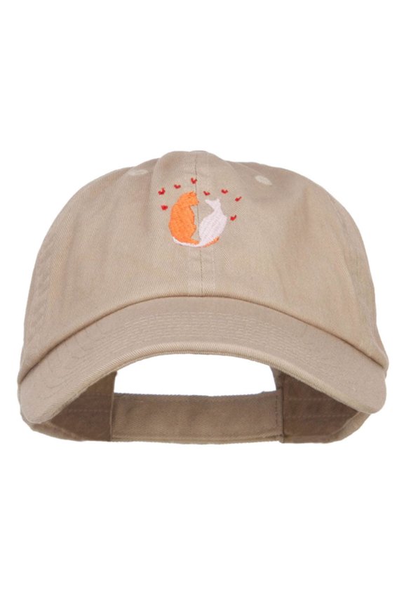 Love Cats Heart Embroidered Low Cap - Khaki OSFM